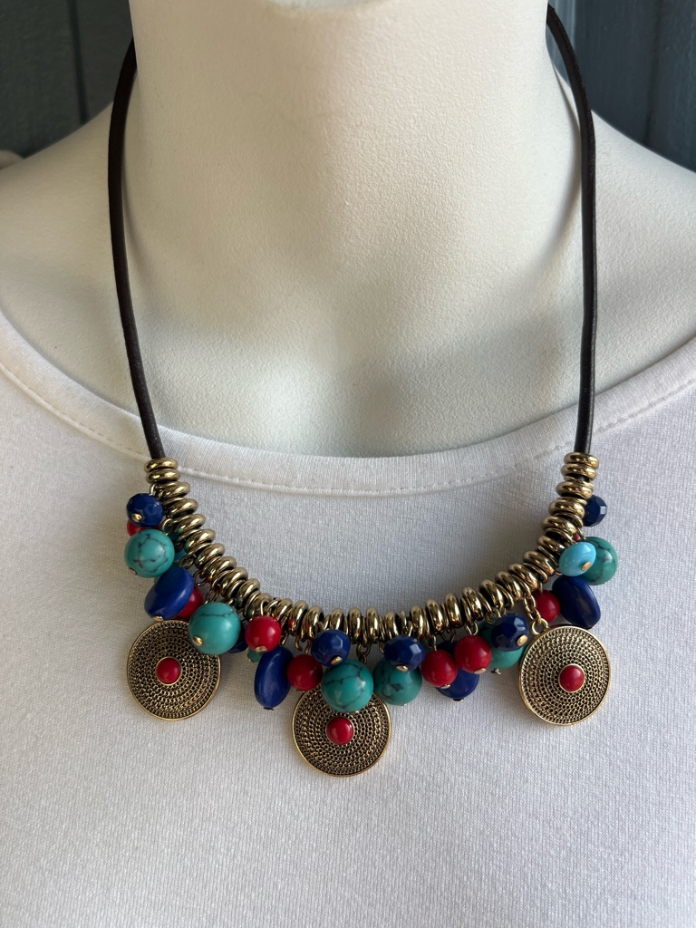 Chaps Boho Statement Necklace With Faux Turquoise Multicolor Beads 15$
